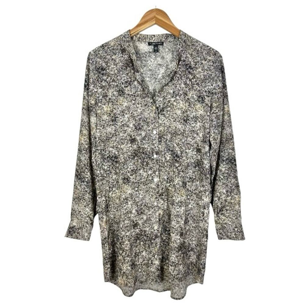 Eileen Fisher Silk Button Up Tunic Top Size Small Granite Print Arsty Lagenlook